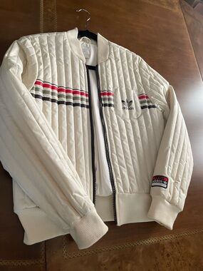 Adidas women’s Cream Quilted Bomber Jacket with Stripe Detail
